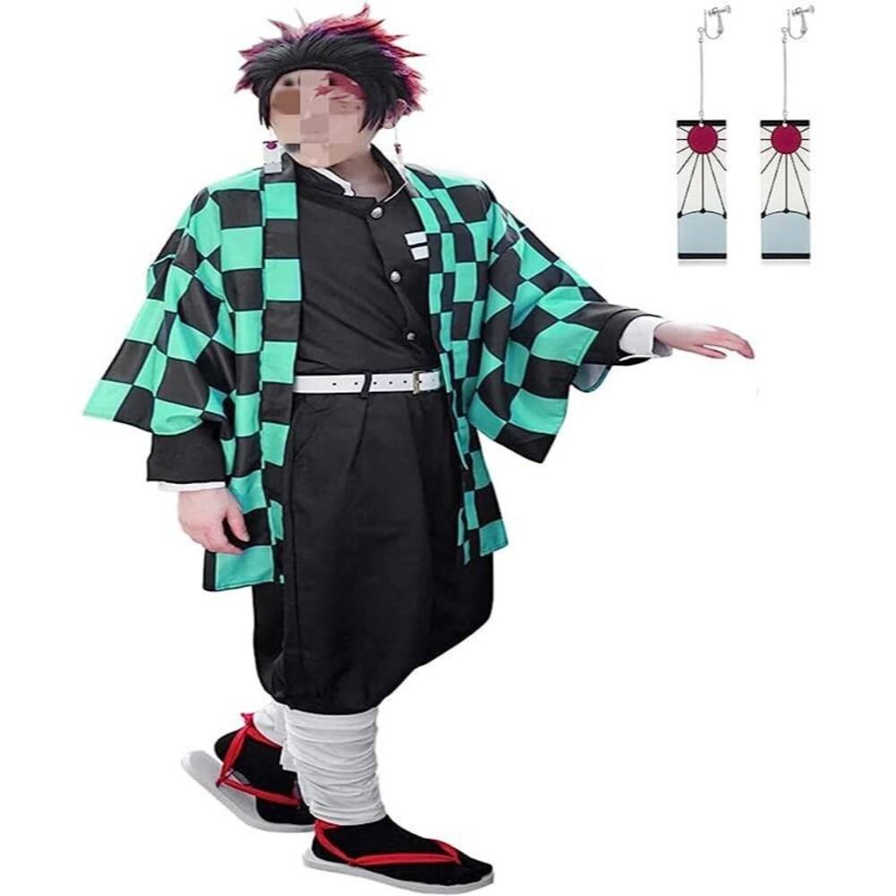 Men's Green Chequer Cosplay Costume Outfit Robe Kimono Uniform, XL - Picture 3 of 4